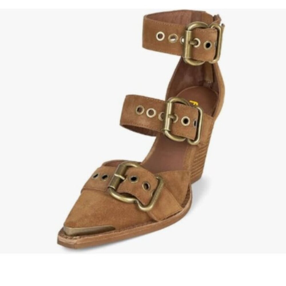 FSJ Camel Women's Pointed Toe Buckle Strappy Chunky Wedge Heel Sandals